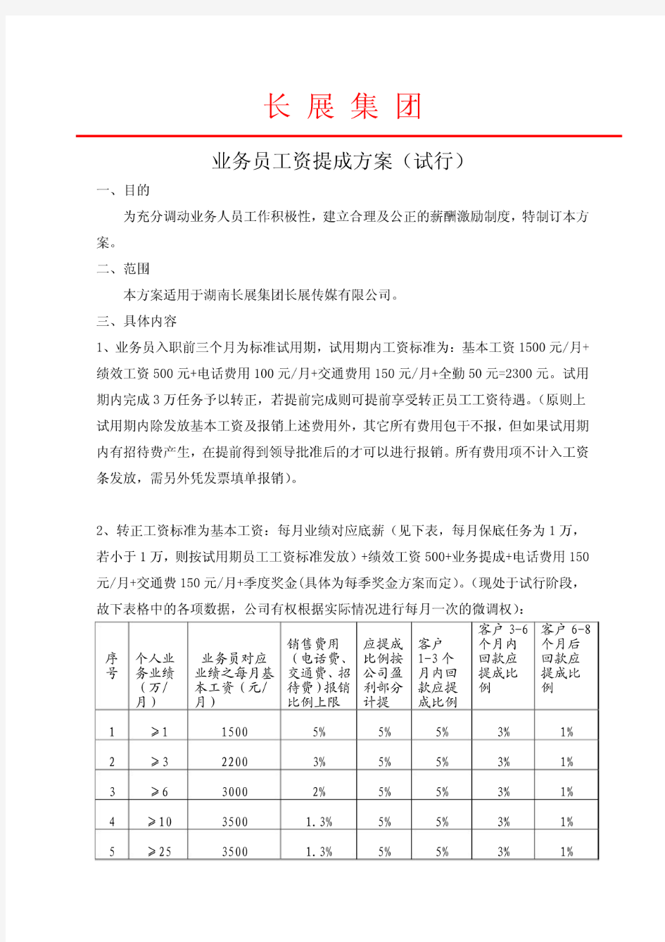 业务员工资提成方案(试行)