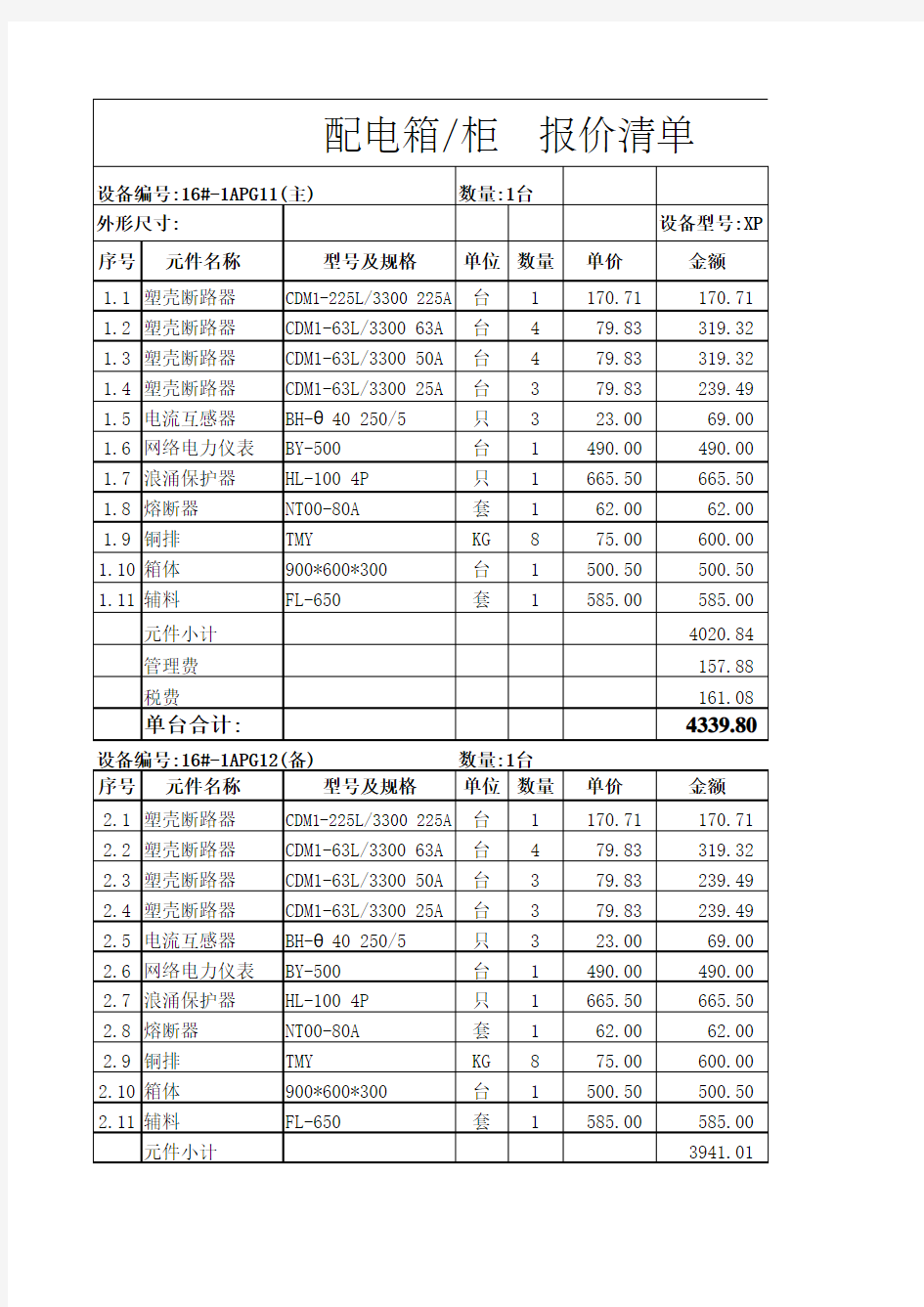 2018配电箱报价清单