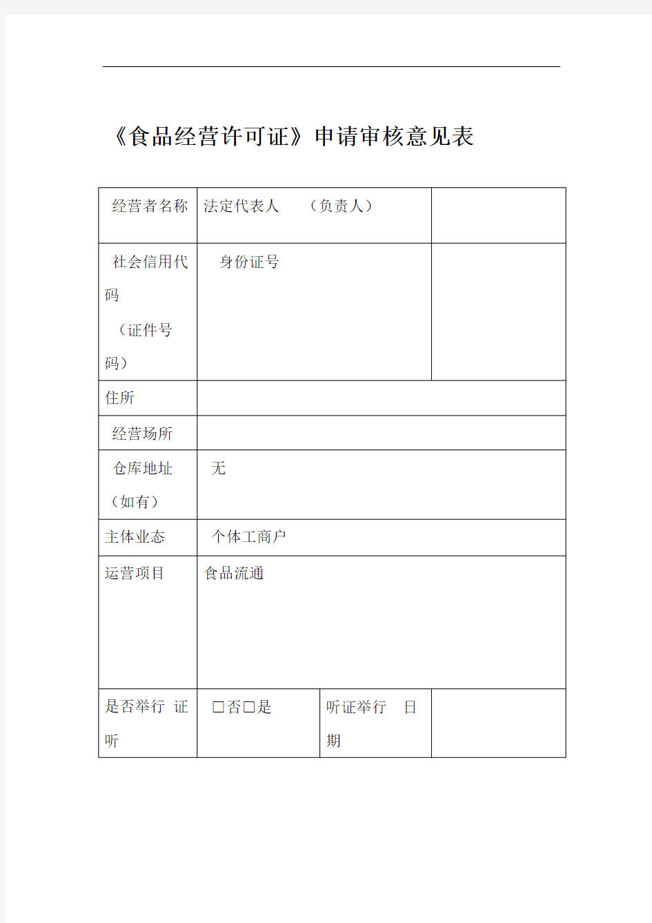 食品经营许可证申请审核意见表