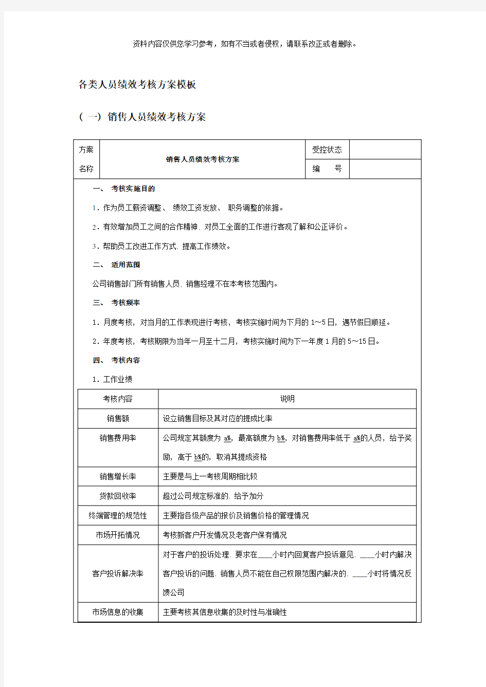 各类人员绩效考核方案模板样本