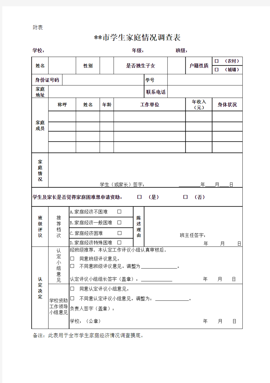 市学生家庭情况调查表