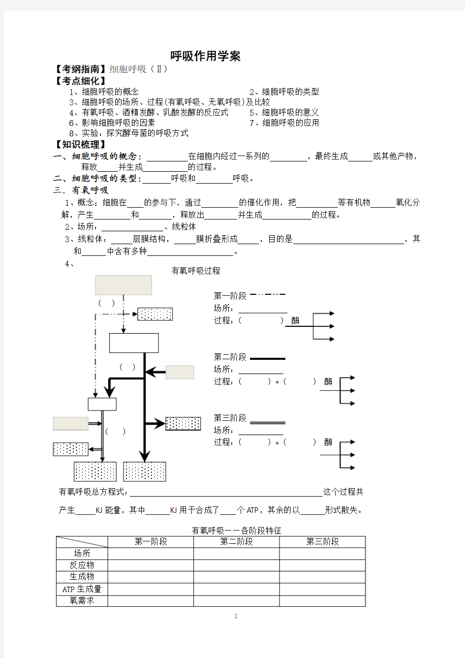 高中生物一轮复习呼吸作用学案