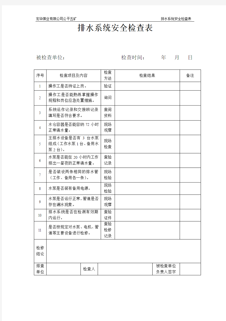 排水系统安全检查表