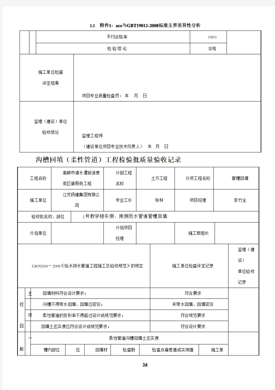 市政给排水管道工程检验批质量验收记录表