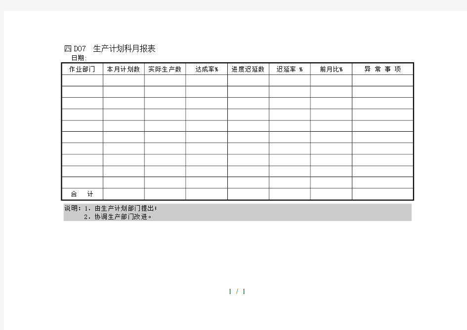 D07生产计划科月报表