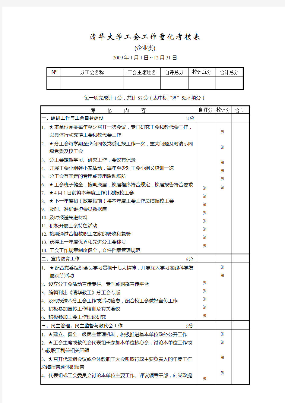 清华大学工会工作量化考核表