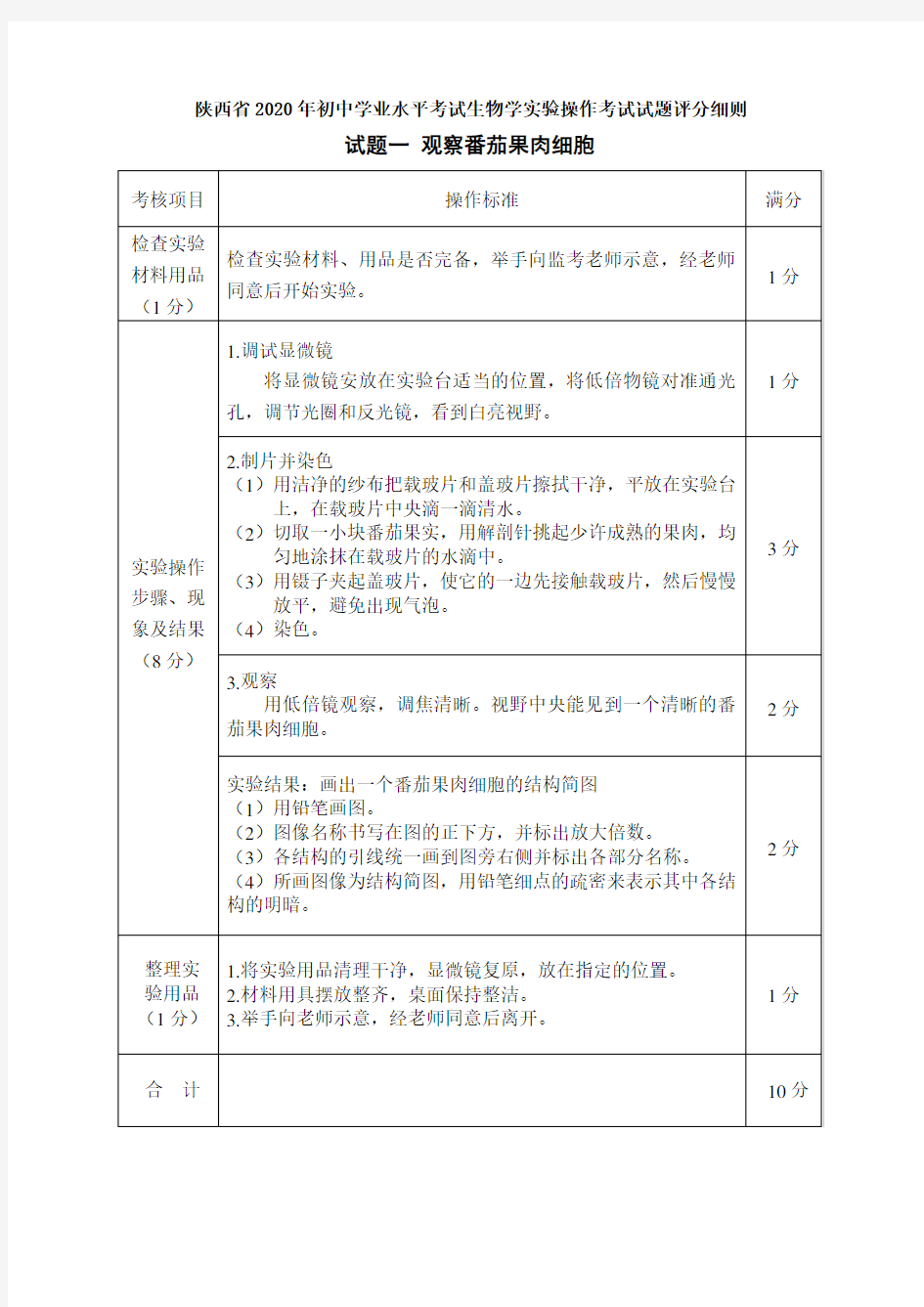 陕西省2020年初中学业水平考试生物实验操作试题全与评分细则