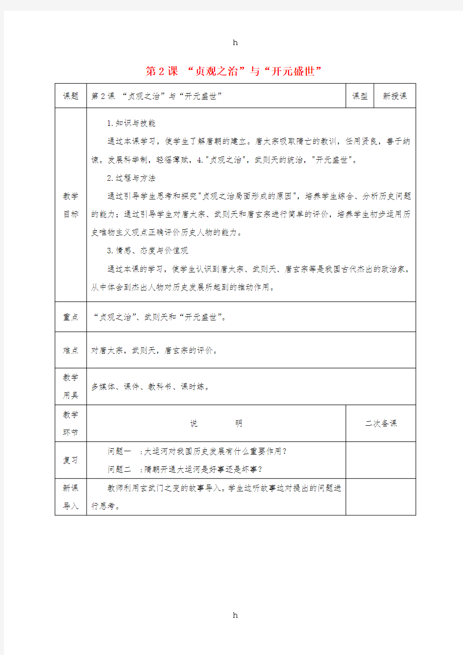 七年级历史下册 第一单元 隋唐时期：繁荣与开放的时代 第2课“贞观之治”与“开元盛世”教案 新人教版