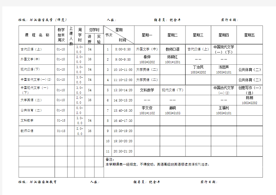 班级16汉语言文学(师范)人数辅导员纪金平 实行日