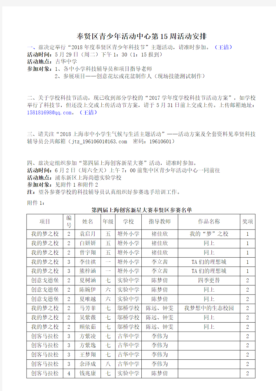 奉贤区青少年活动中心第15周活动安排