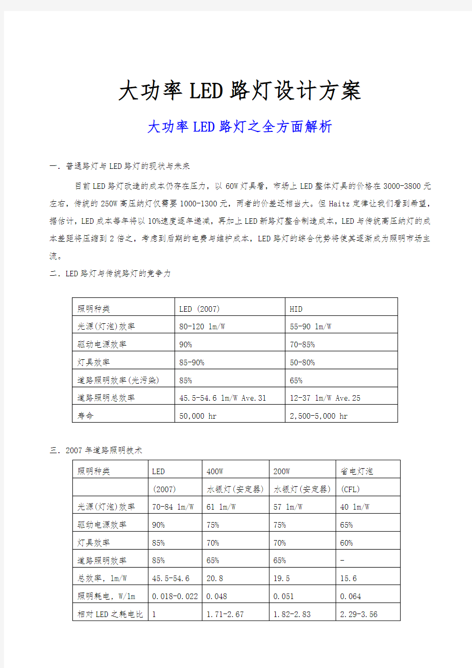 大功率LED路灯设计方案