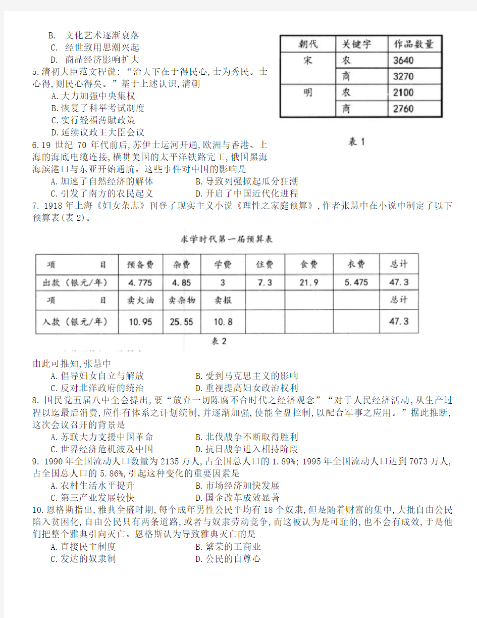 广东省高考方向确定试卷-历史及答案