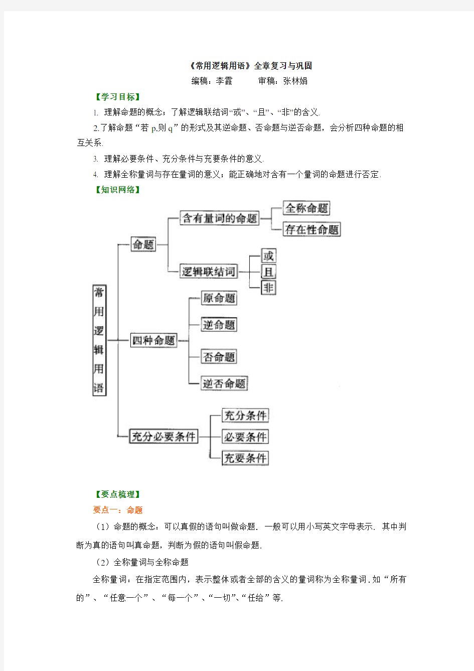 知识讲解_常用逻辑用语 全章复习与巩固