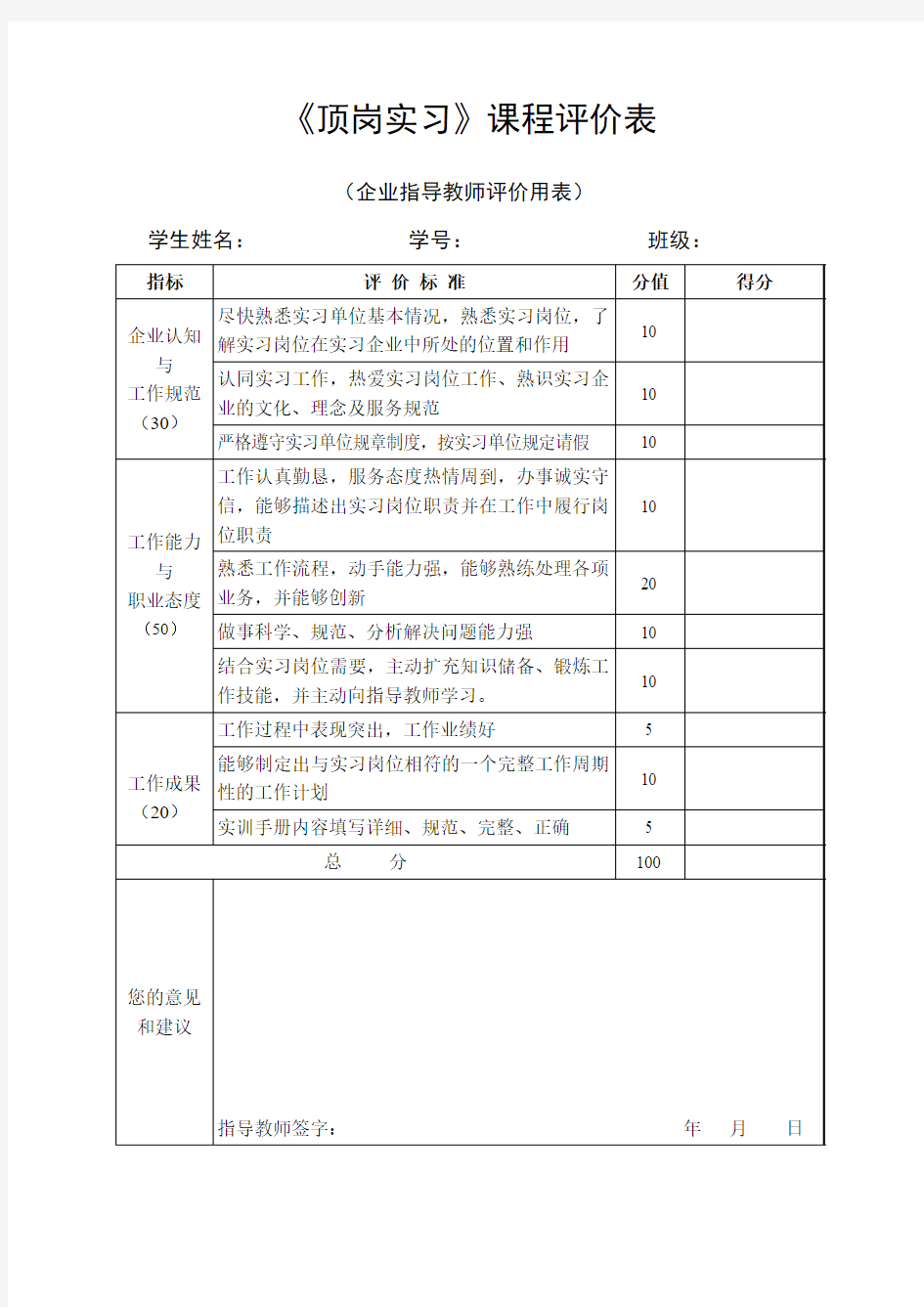 企业指导教师评价表