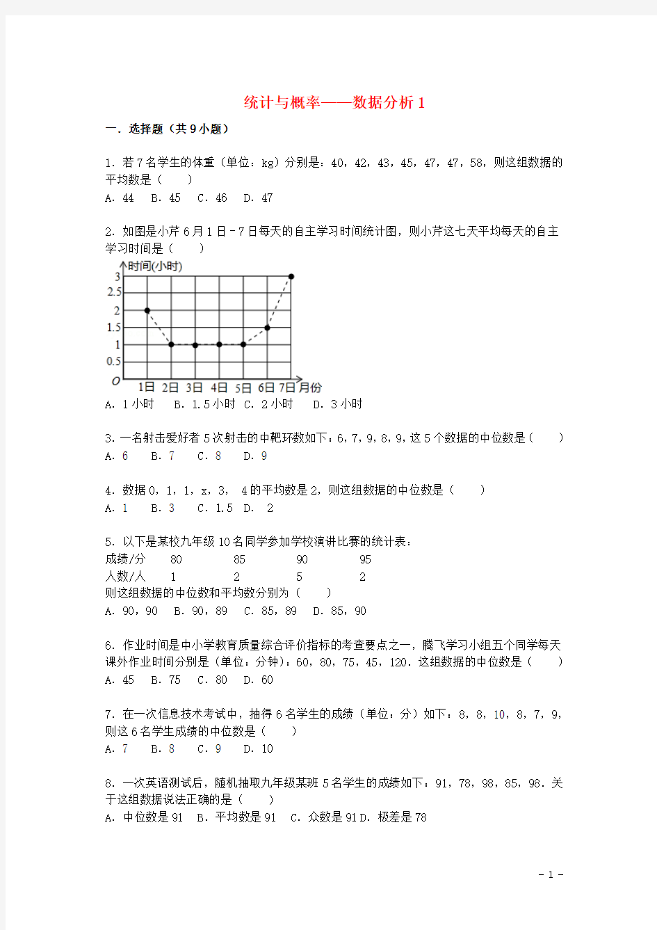 2016届中考数学总复习(32)数据分析-精练精析(1)及答案