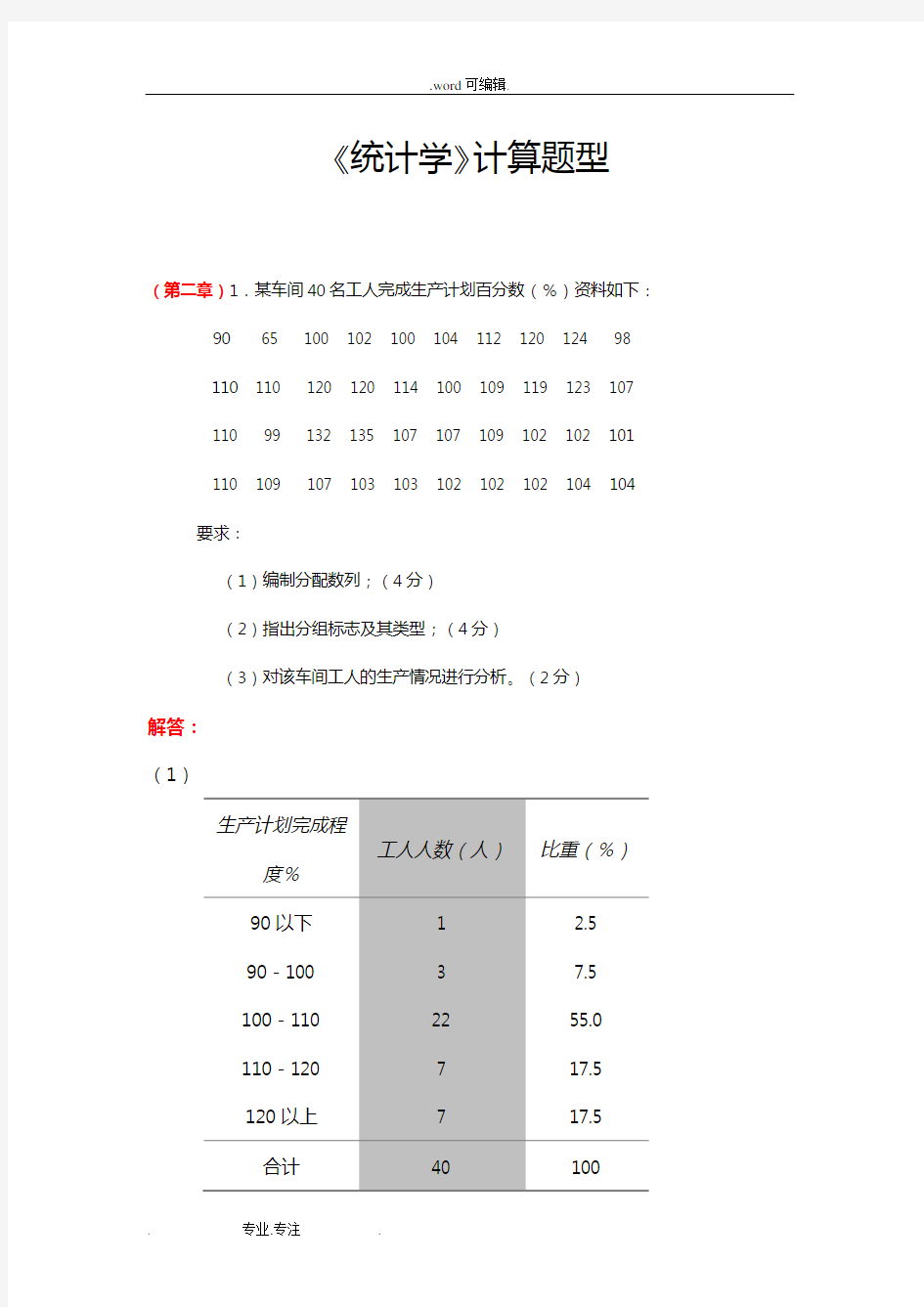 《统计学》计算题型与参考答案