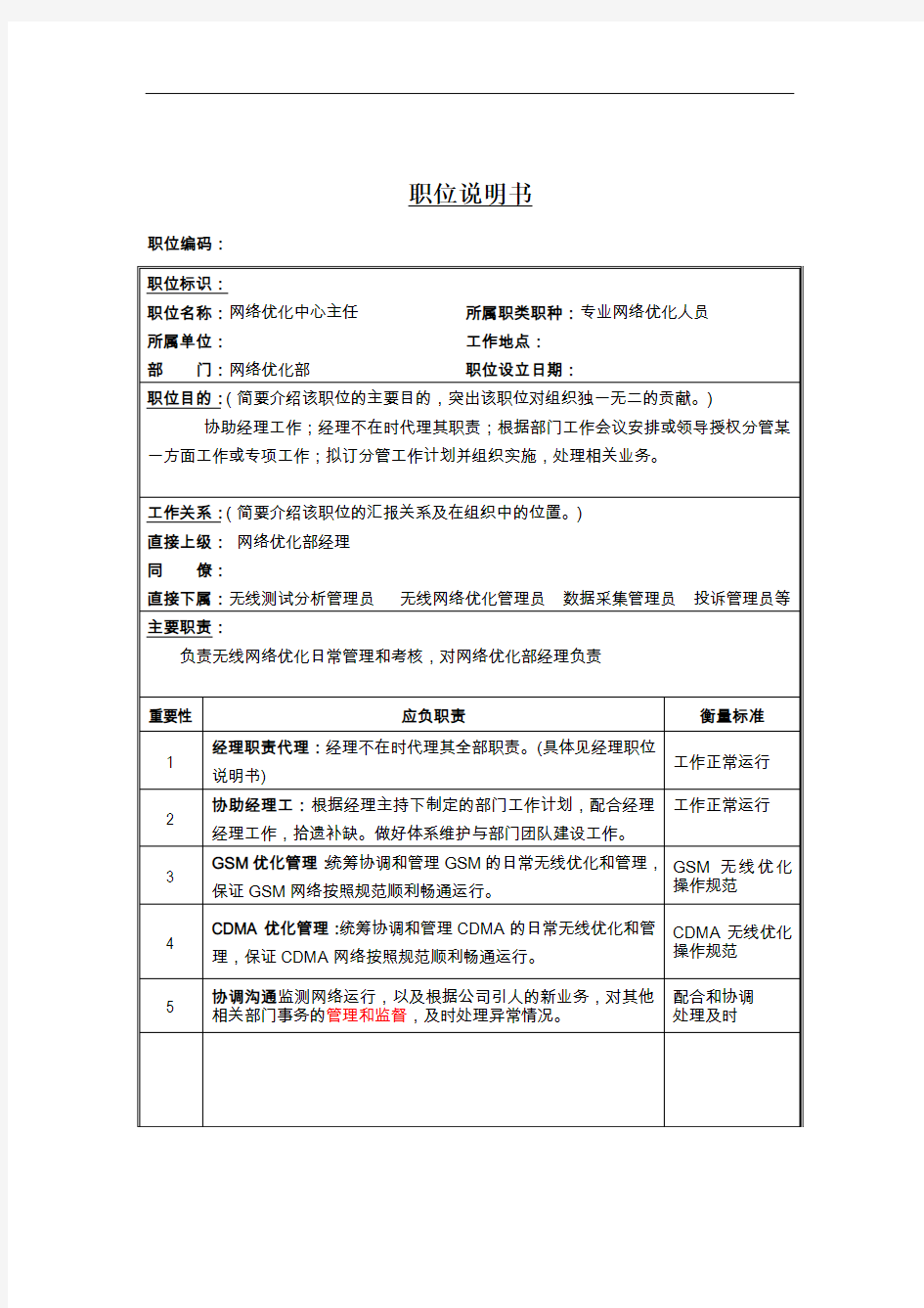 网络优化中心主任岗位说明书