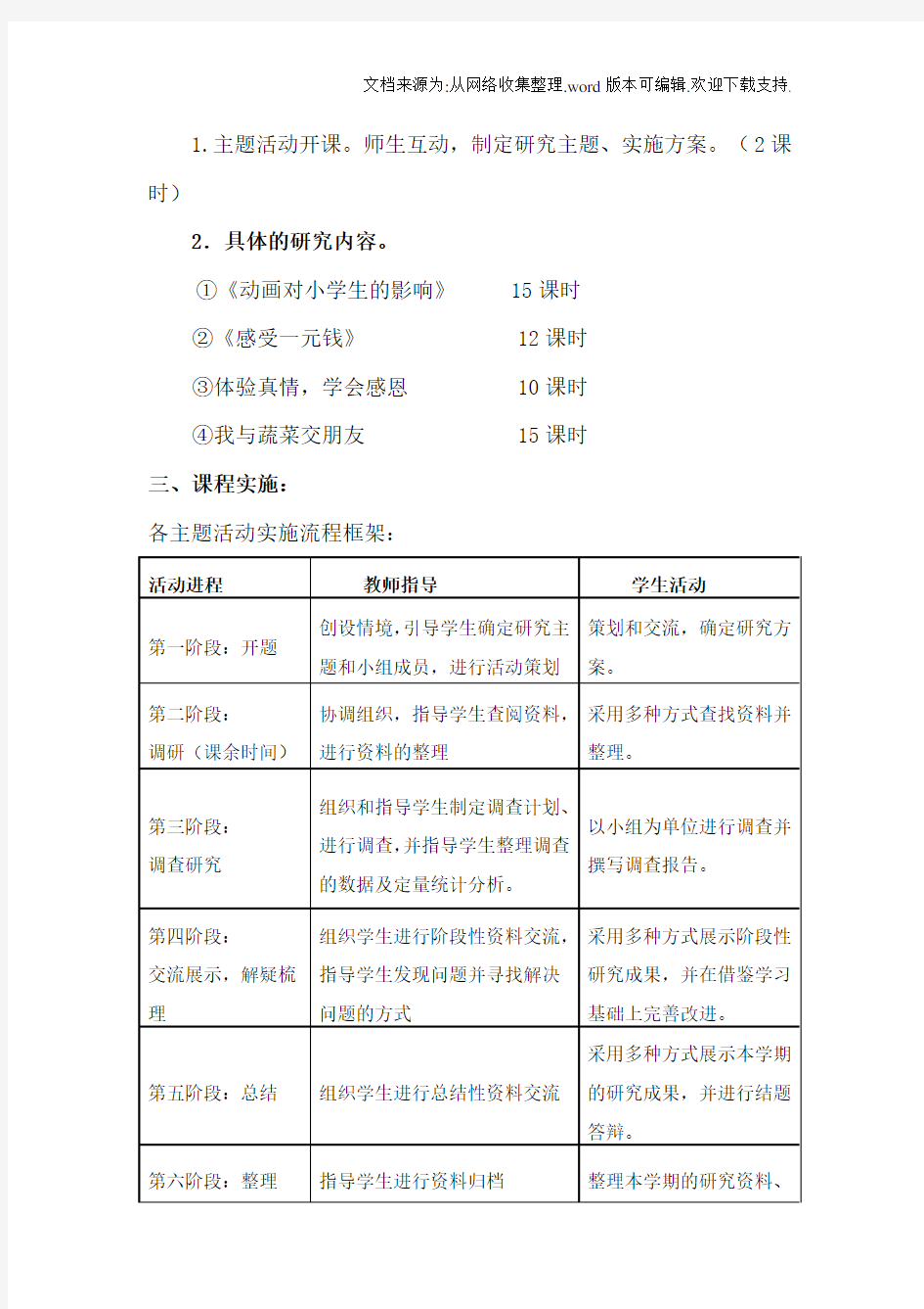 小学四年级综合实践活动课程教案