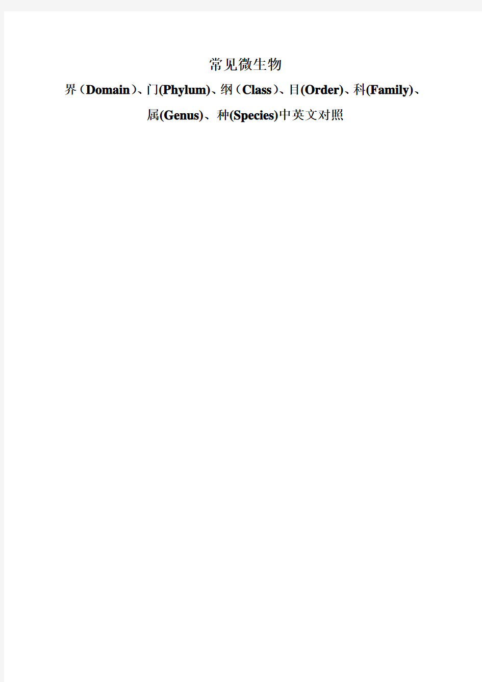 常见微生物的界门纲 目 科 属 种中英文对照
