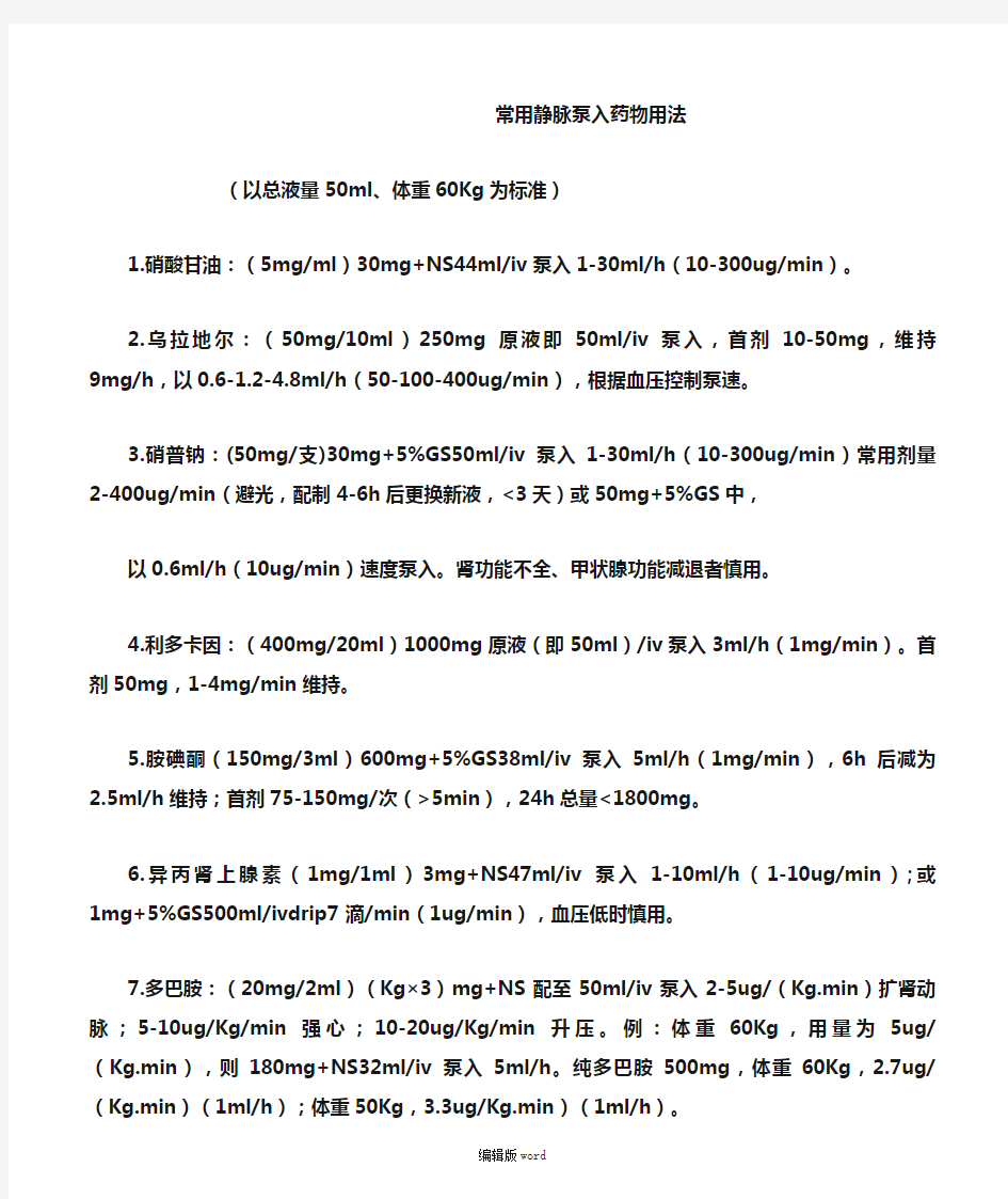 常用静脉泵入药物用法最新