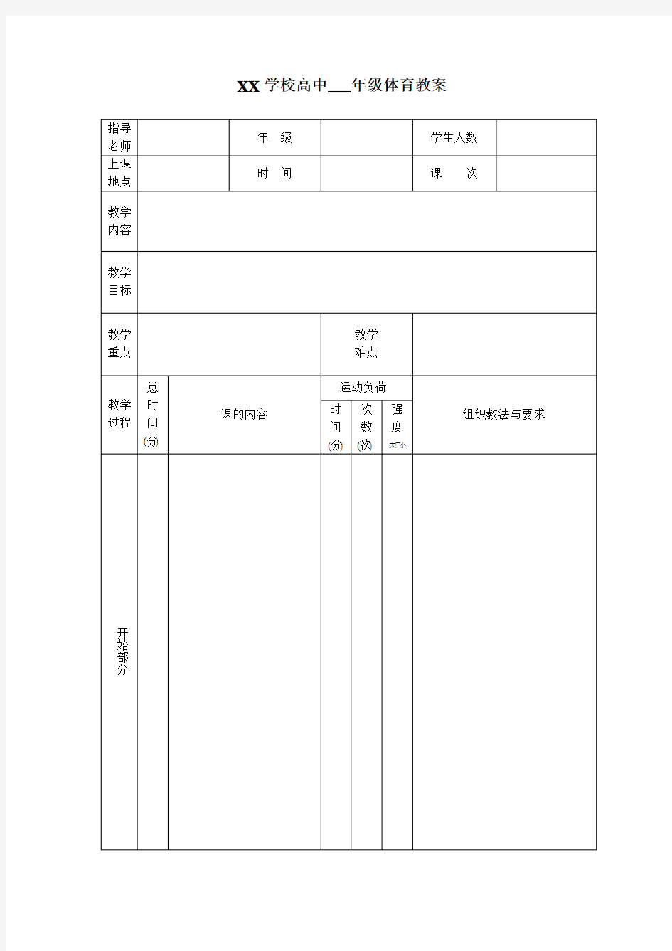 高中体育教案的标准格式模板