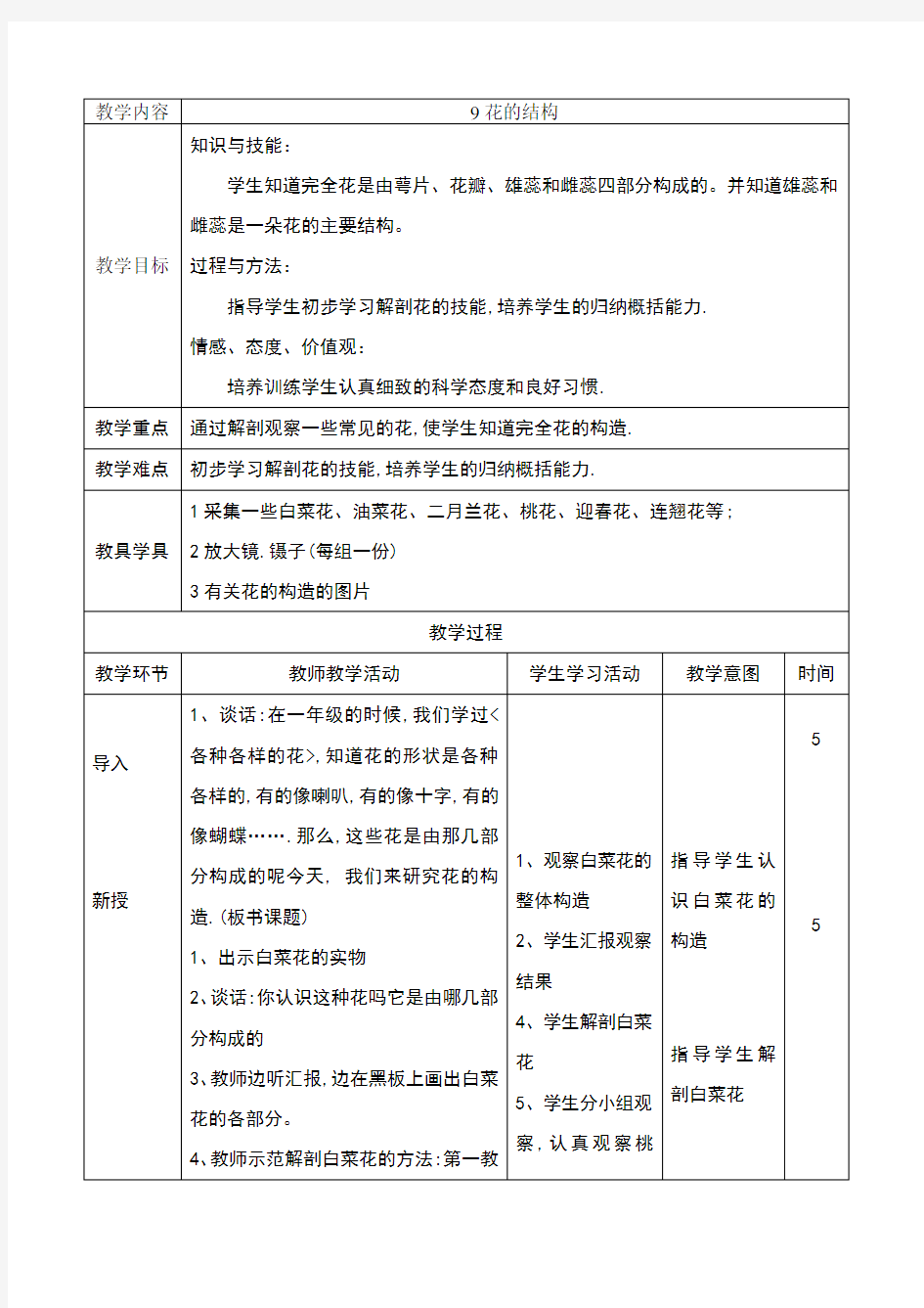 花的结构小学科学教案