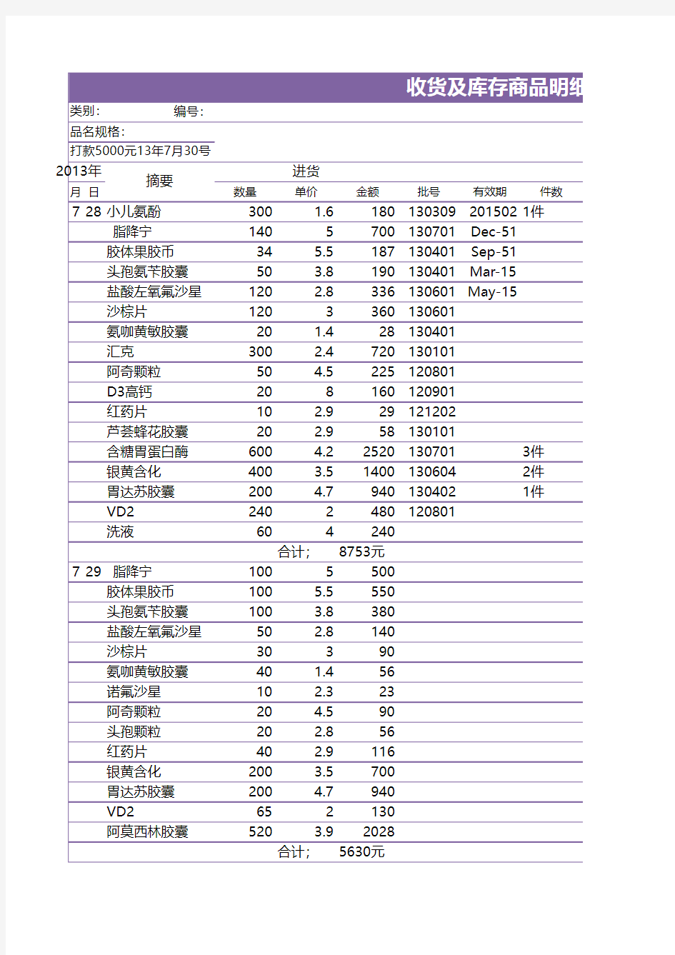 商品收货明细excel模板