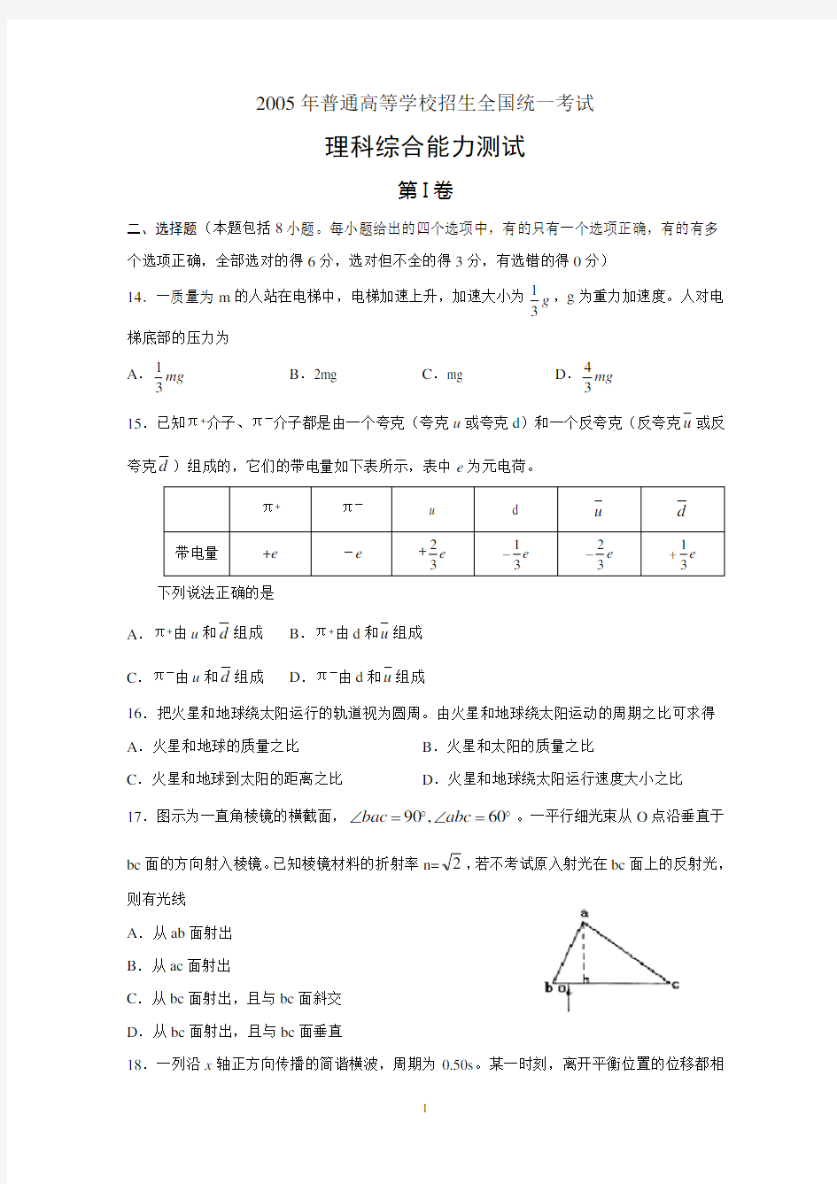 2005年高考全国卷I理综物理(含答案)