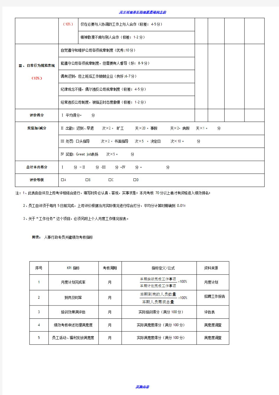 人事行政专员绩效考核表