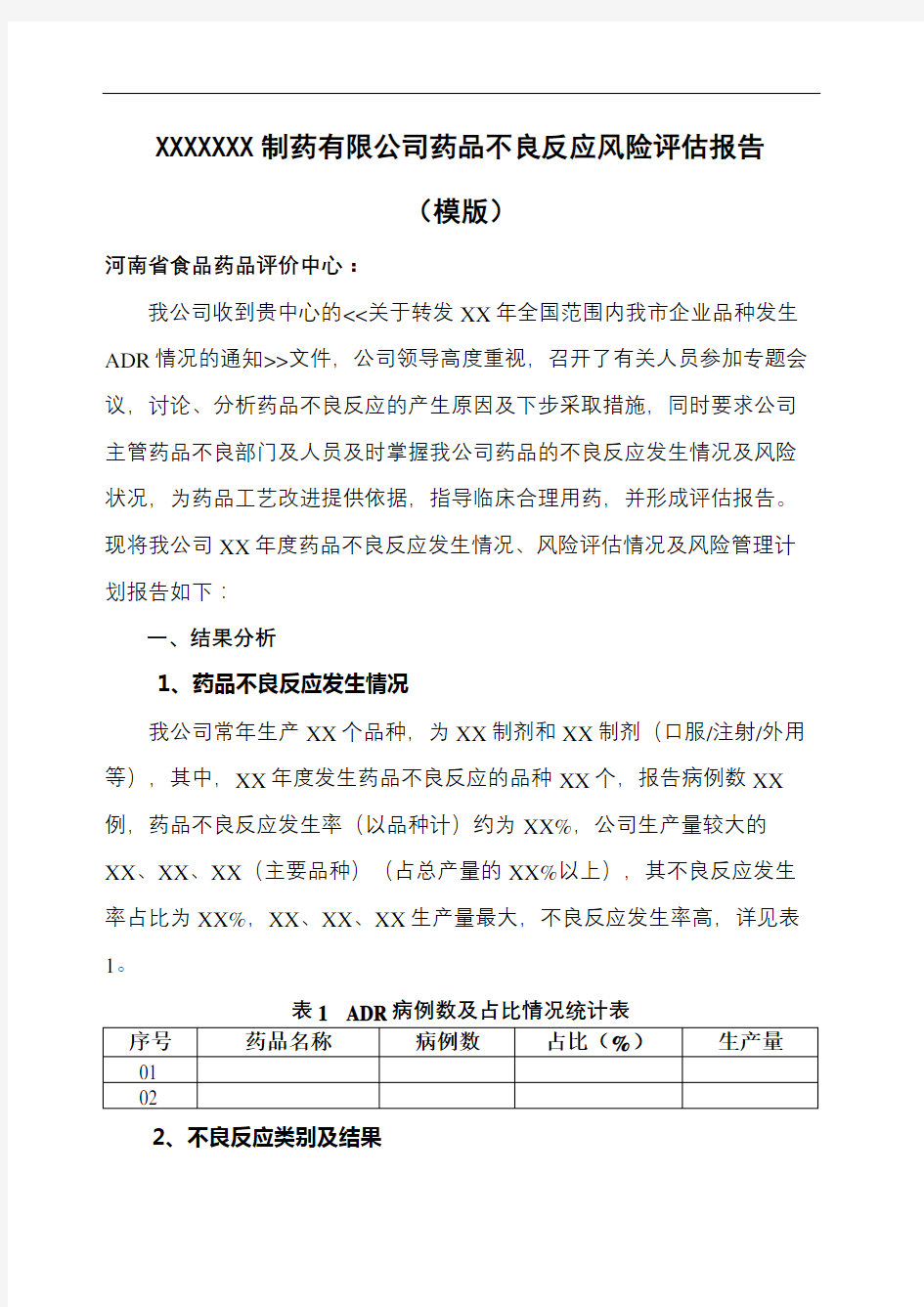 制药公司药品不良反应风险评估报告模版