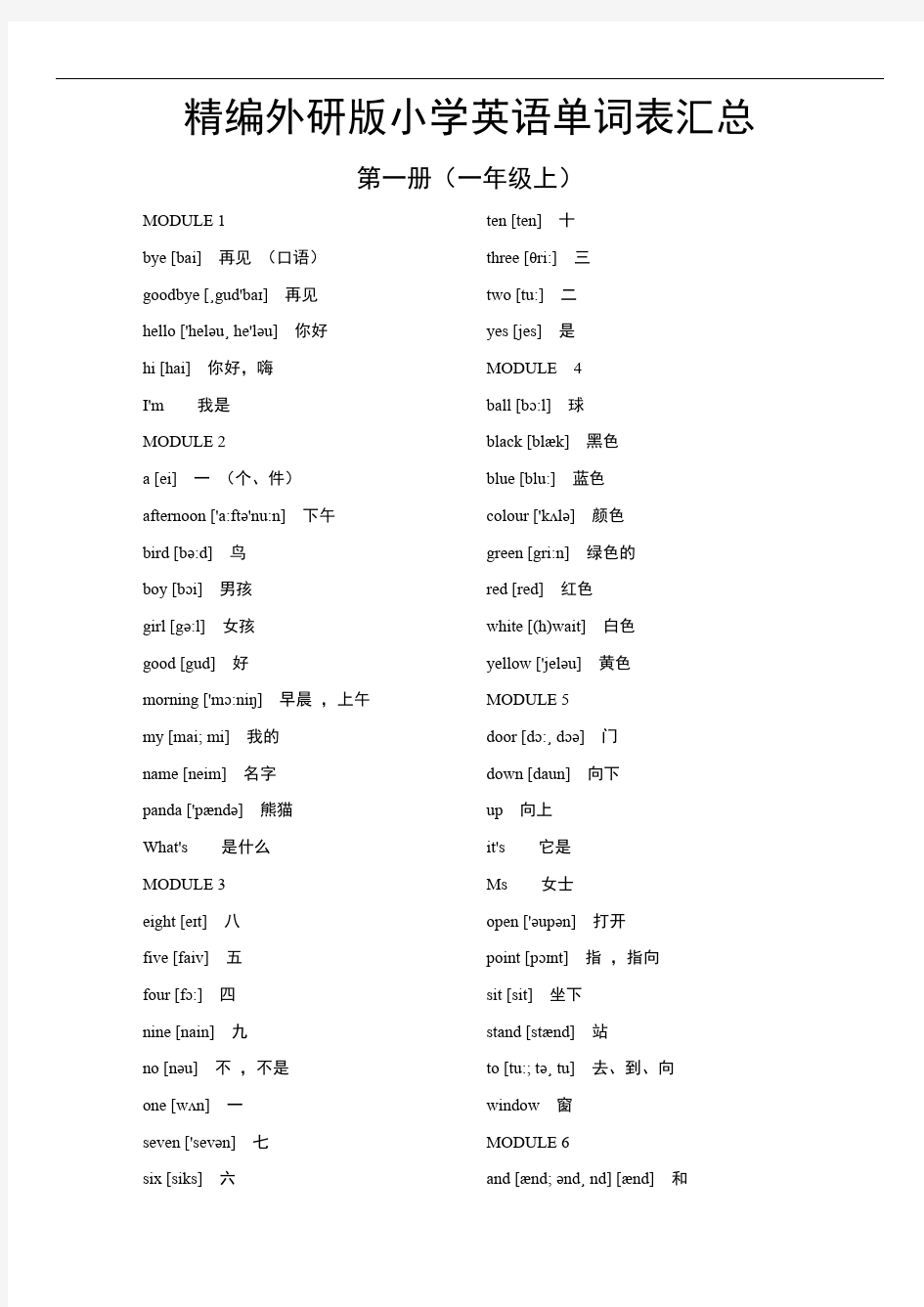 精编外研版小学英语单词表汇总