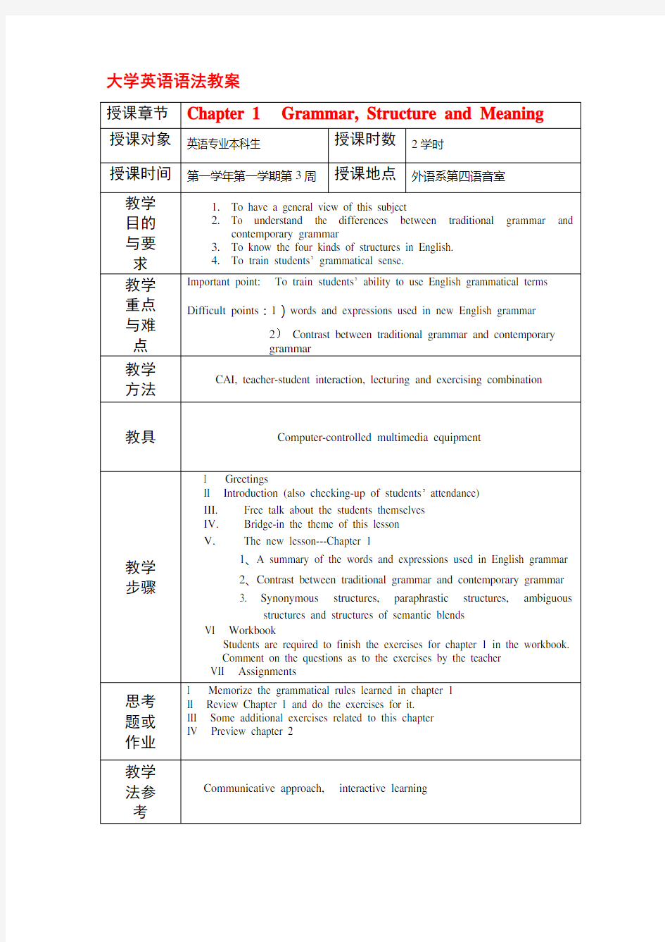 大学英语语法教案 LessonOne  张克礼