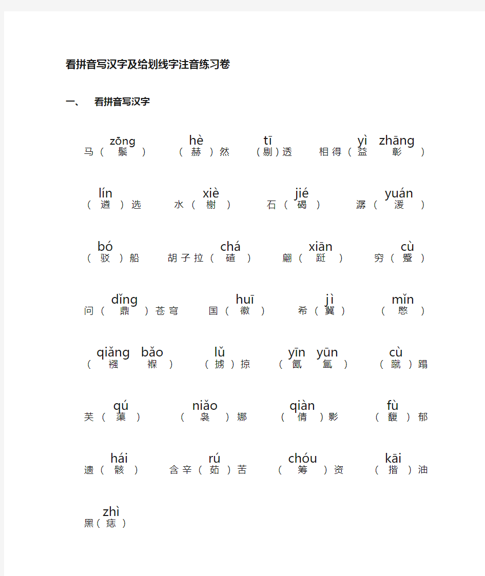看拼音写汉字及给加点字注音练习卷