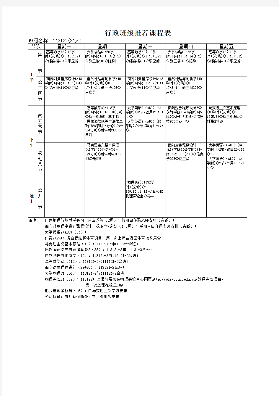 中国地质大学 信工学院2013春学期推荐课表_2012级