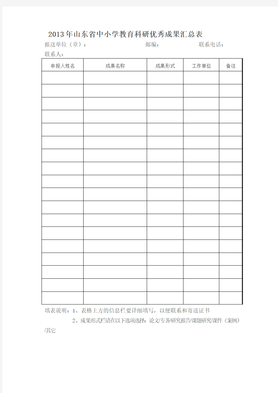 2013年山东省中小学教育科研优秀成果汇总表