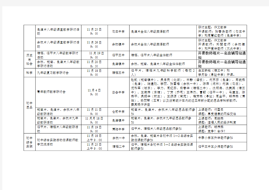 余杭区教育局教研室中学学科教研活动安排表