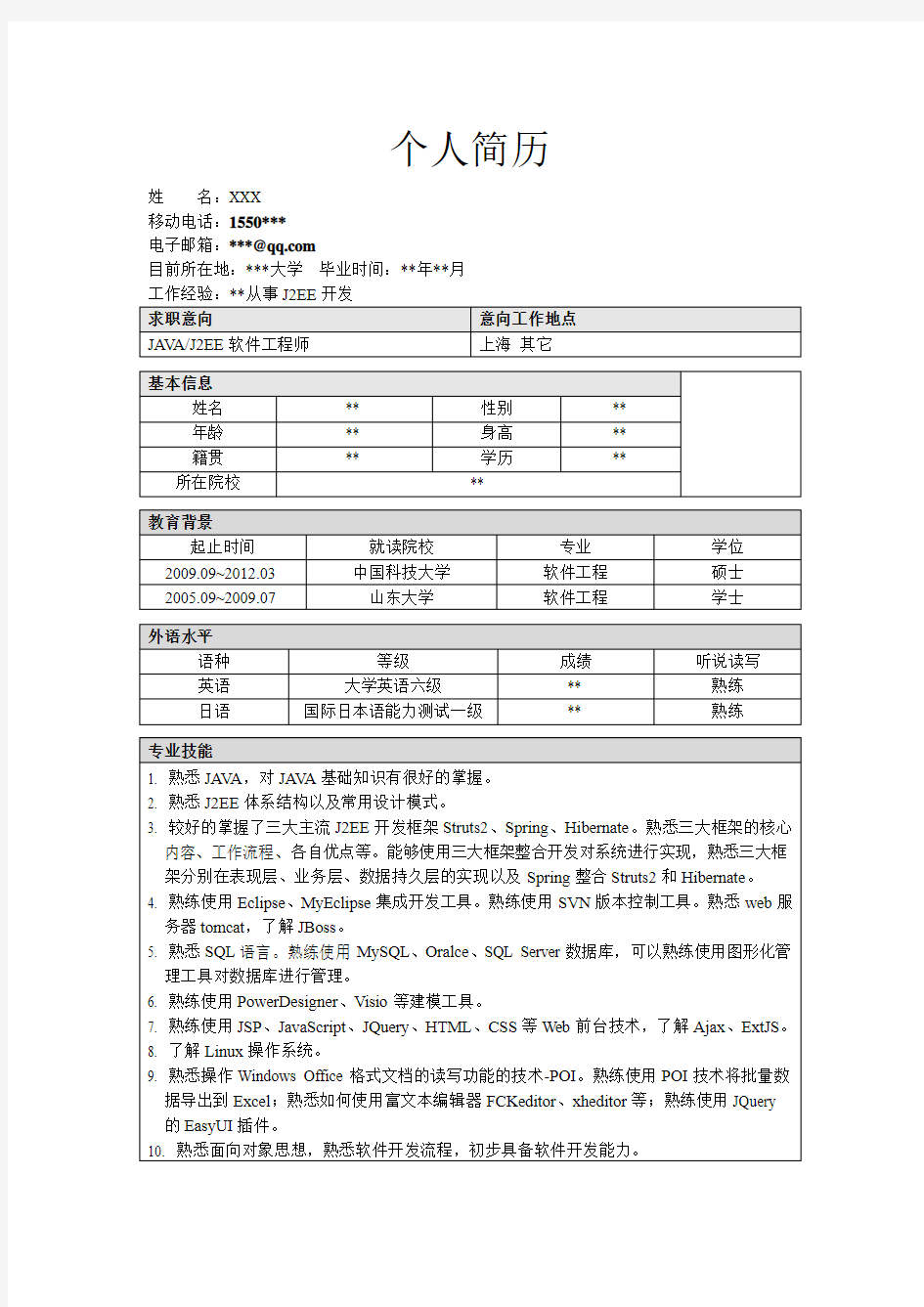 java工程师简历参考