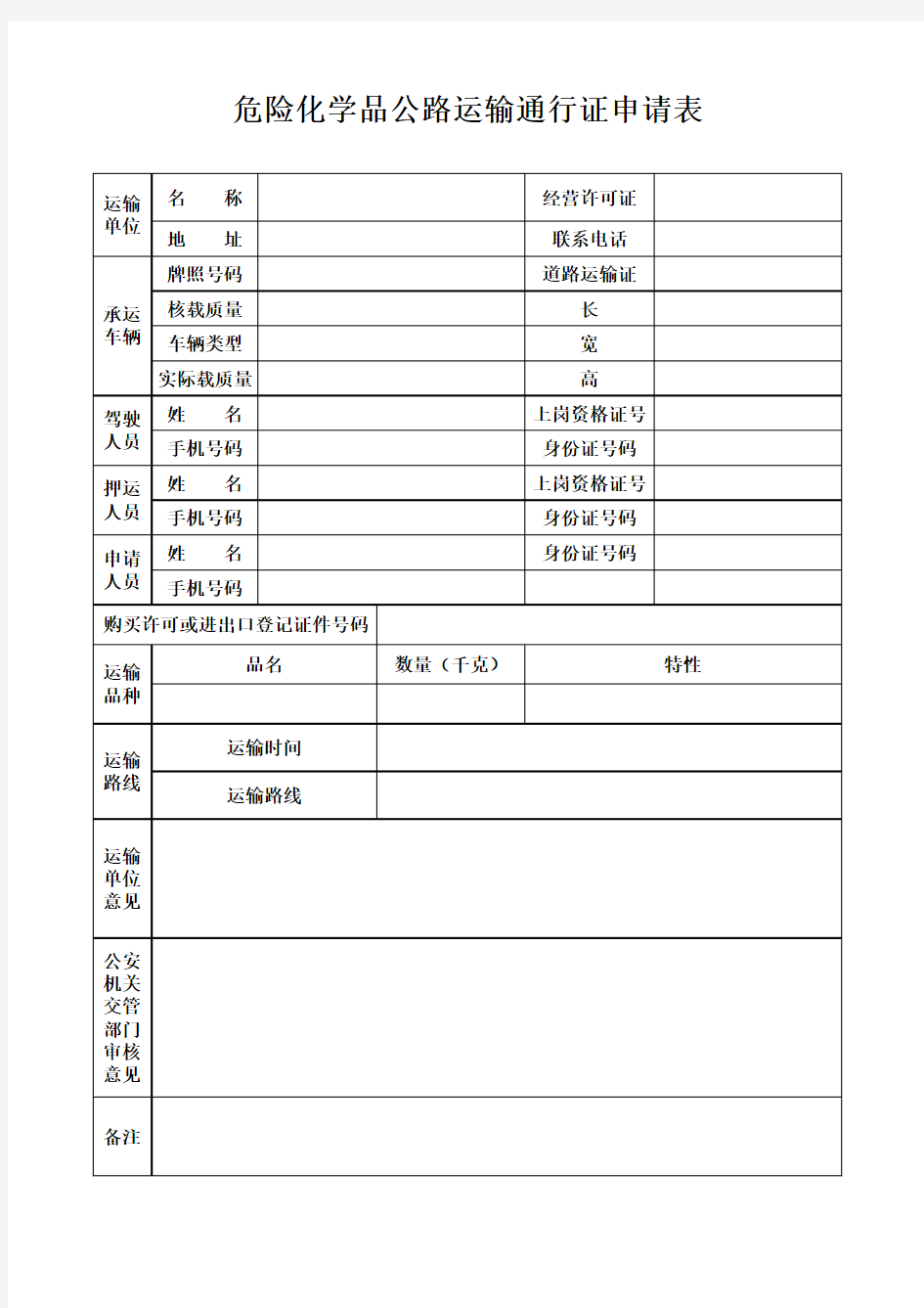 危险化学品公路运输通行证申请表