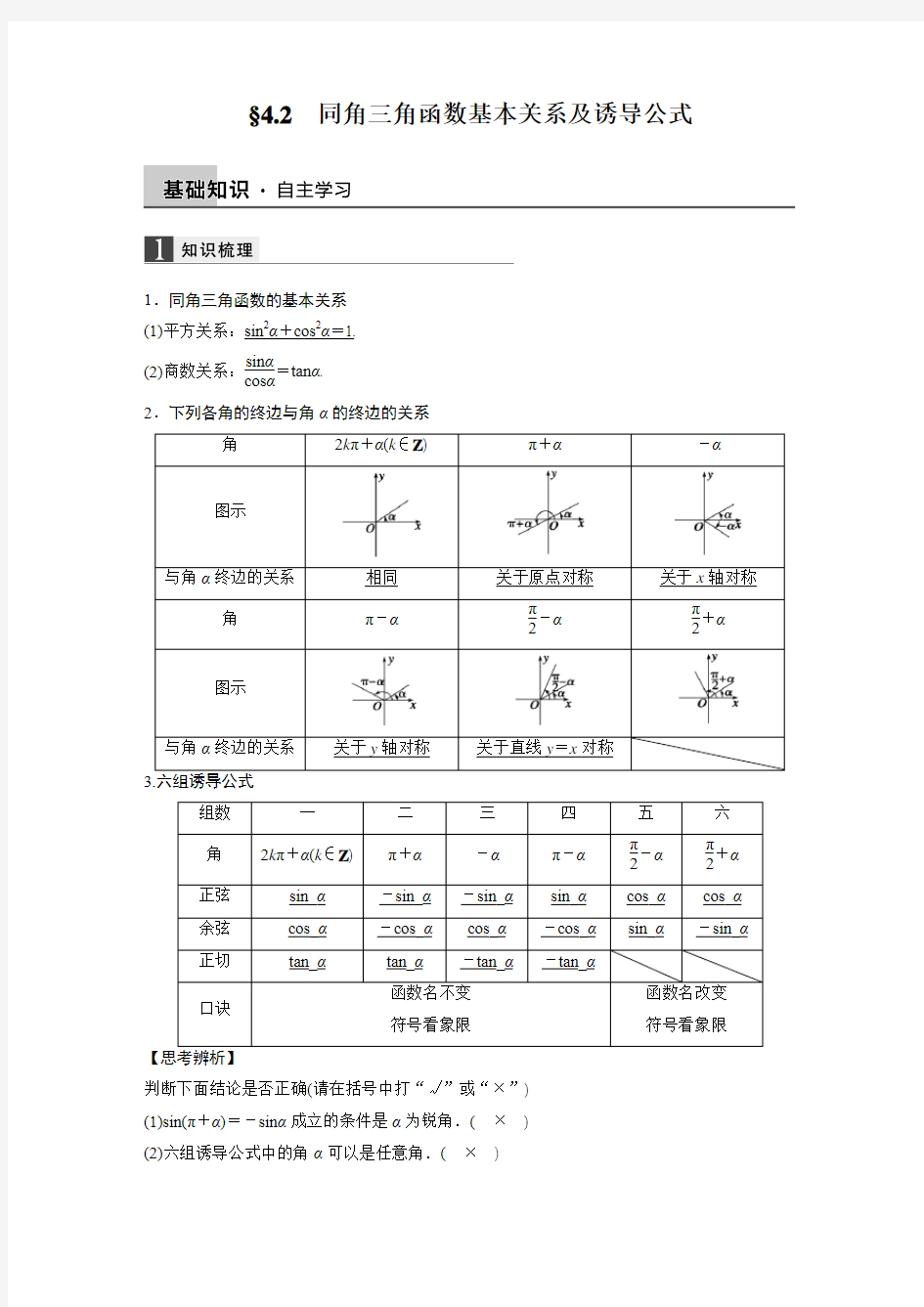 同角三角函数基本关系及诱导公式