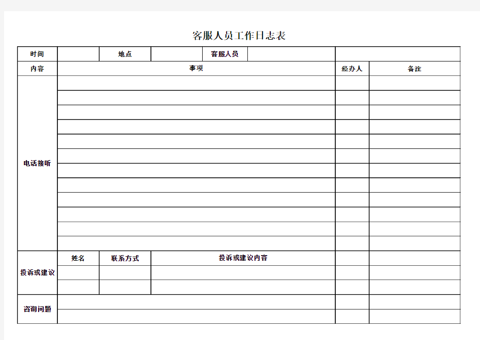 客服人员工作日志表