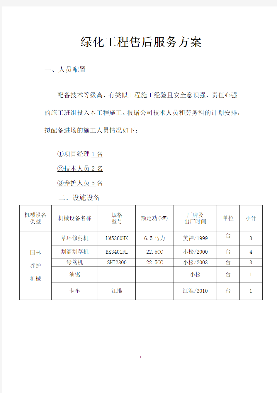 绿化工程售后服务方案