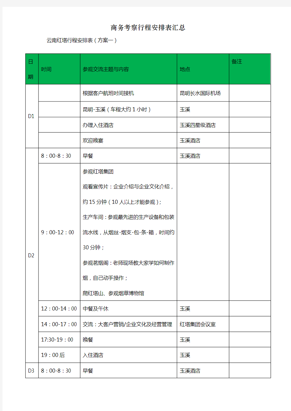 商务考察行程安排表汇总