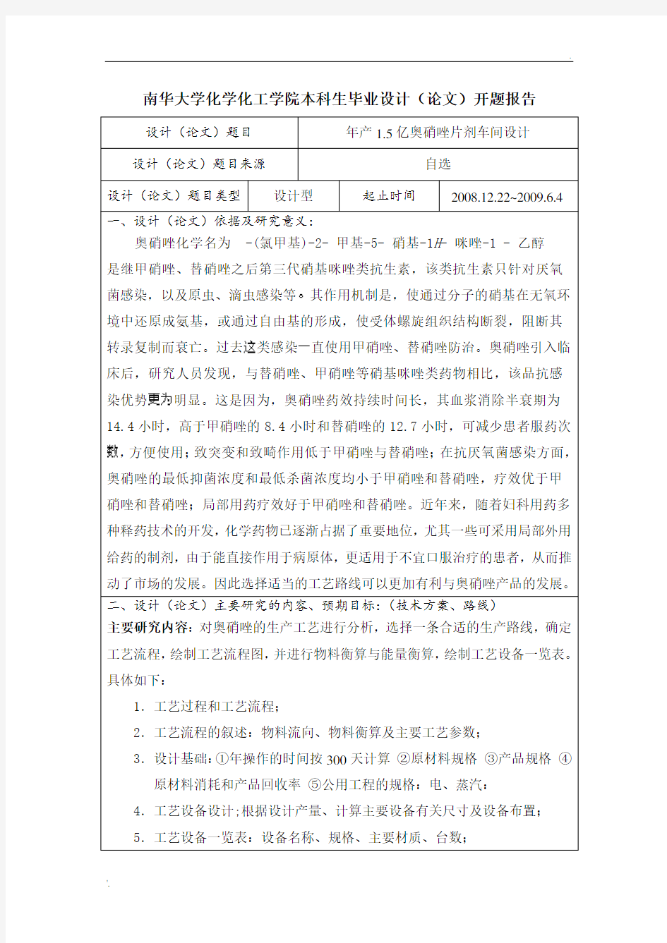 制药工程 毕业设计 奥硝唑  开题报告