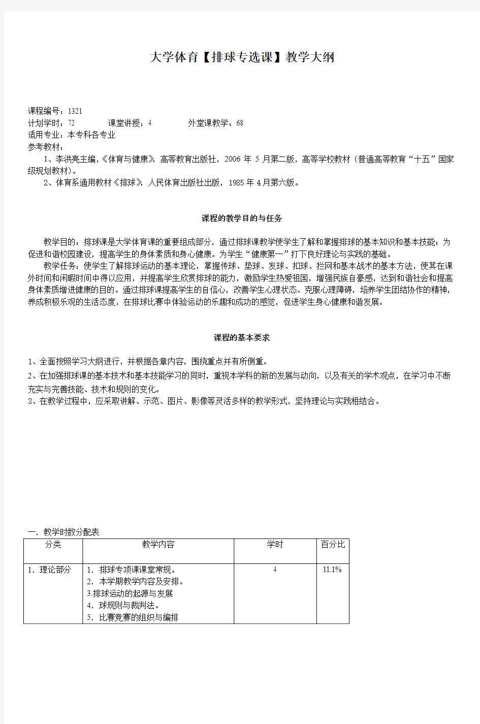 大学体育排球专选课教学大纲