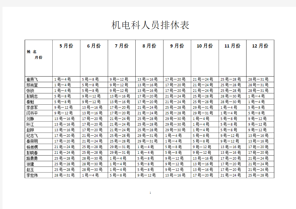 排休表