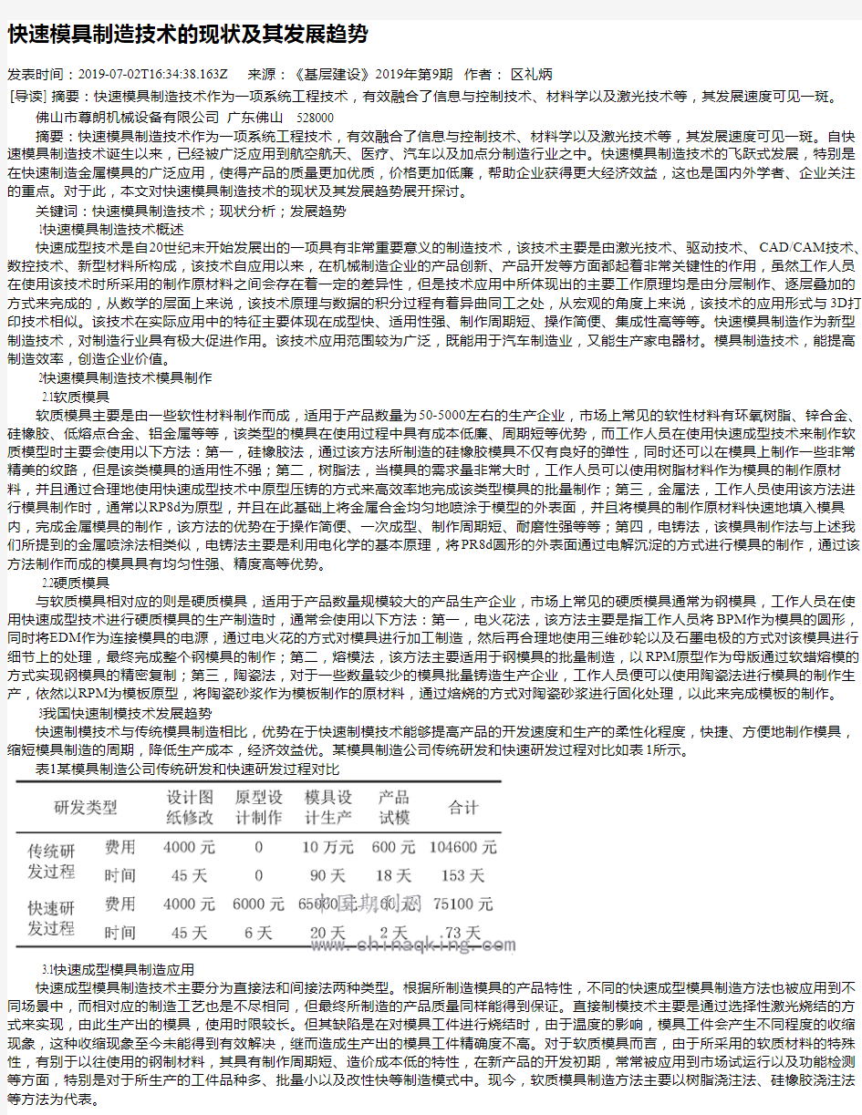 快速模具制造技术的现状及其发展趋势