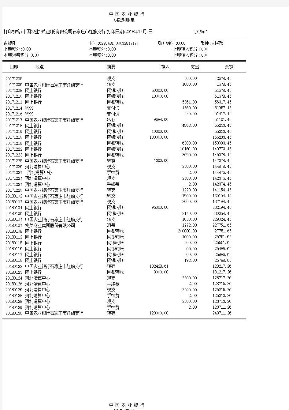 农行最新流水对账单电子模版3