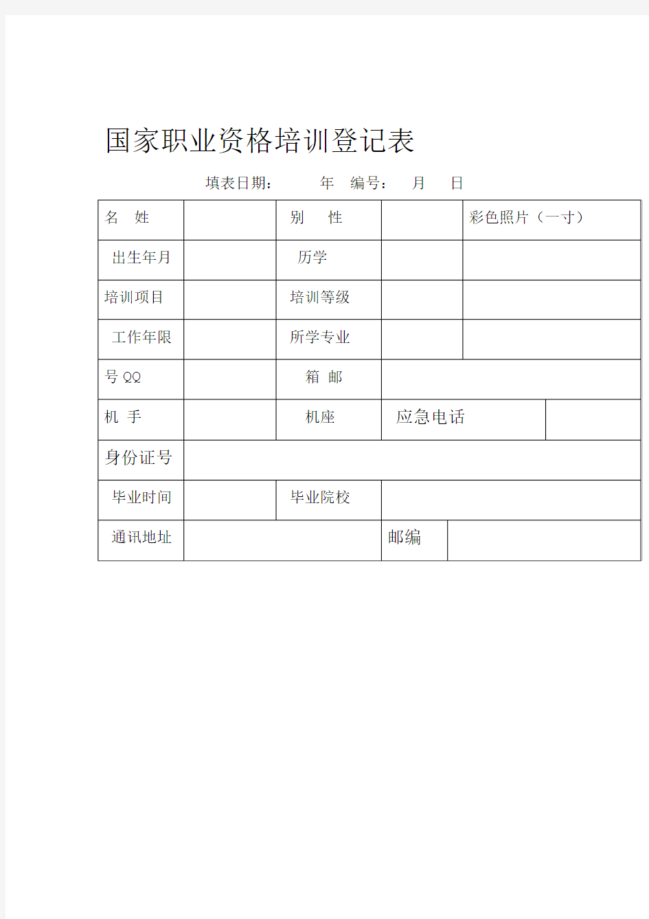 国家职业资格培训登记表