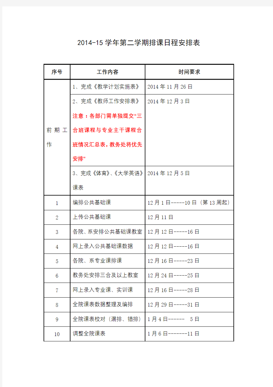 2014-15学年第二学期排课日程安排表【模板】