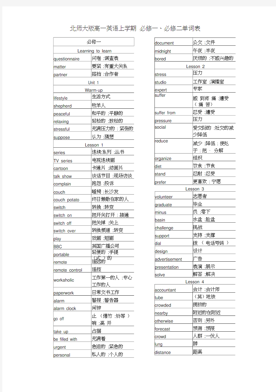 北师大版高中英语必修一、必修二单词表(Word打印版)